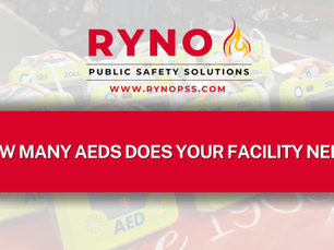 RYNO Public Safety Solutions ad with AED devices and text: How many AEDs does your facility need?