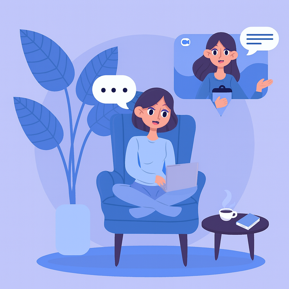 Illustration couleur bleu d'une femme dans un canapé qui parle a une autre femme à travers un écran.