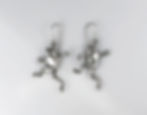Cast silver drop earrings, dancing frogs