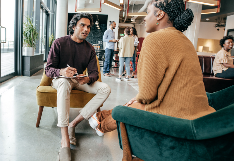 Man and woman having productive conversation 