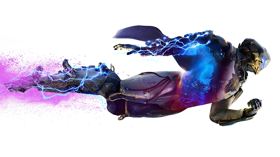 A futuristic armored figure flies horizontally, surrounded by blue lightning and pink energy, against a white background, exuding dynamic motion.
