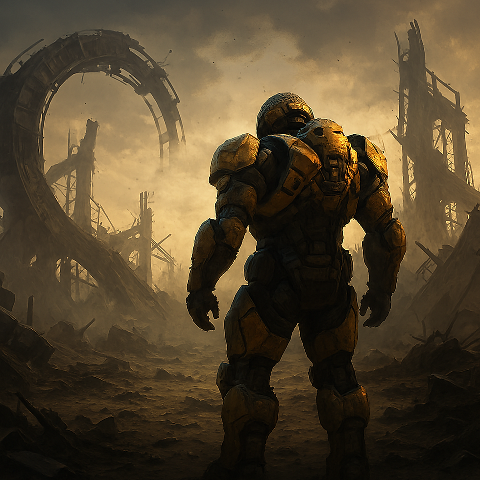 Armored figure stands in desolate wasteland with towering ruins. The sky is overcast, casting a dramatic, dystopian mood.