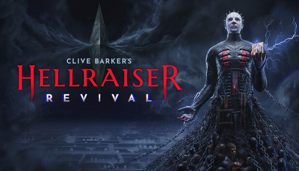 A figure in dark attire holds a glowing box amid electricity. Title: Clive Barker's Hellraiser Revival. Dark, ominous atmosphere.