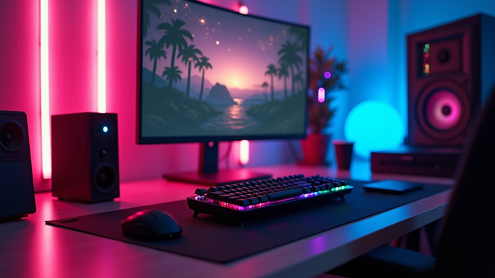 Eye-level view of a modern gaming desk setup with dual monitors and RGB lighting