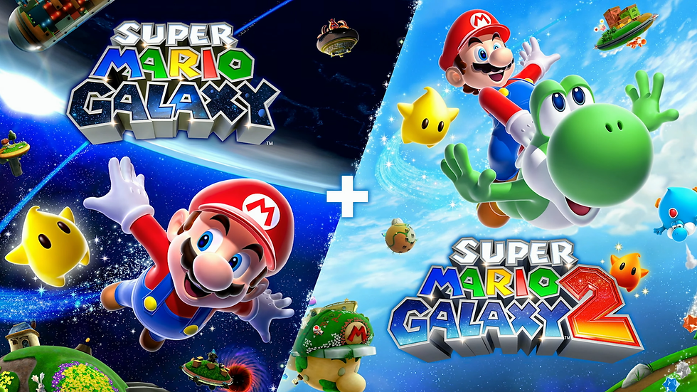 Mario in space with stars and planets, alongside Yoshi. Text: "Super Mario Galaxy" and "Super Mario Galaxy 2." Dynamic, colorful scene.