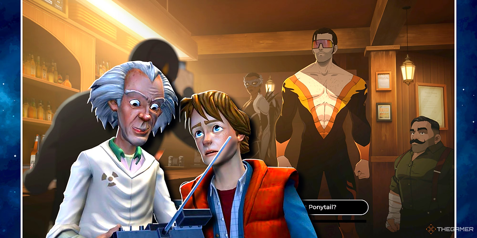 Two animated characters with concerned expressions hold a gadget. Behind them are three superheroes in a dimly lit bar. Text reads "Ponytail?".