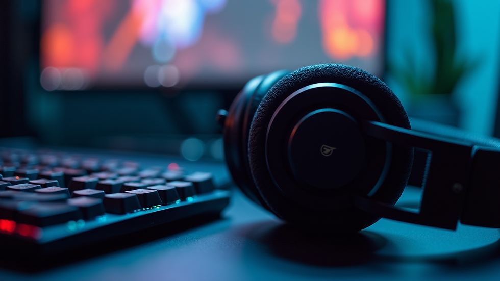 High angle view of a gaming headset resting on a desk beside a keyboard