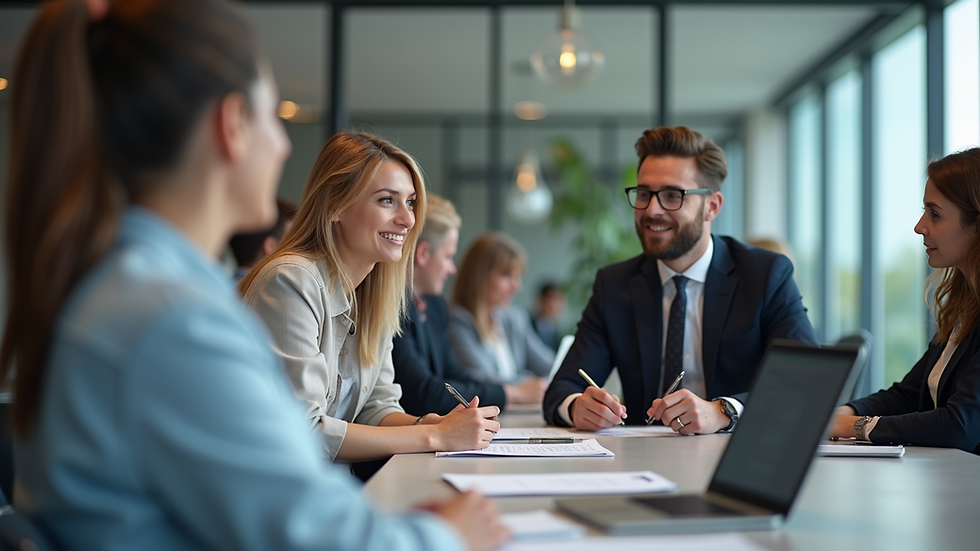 Eye-level view of a diverse group of professionals collaborating in a modern office setting