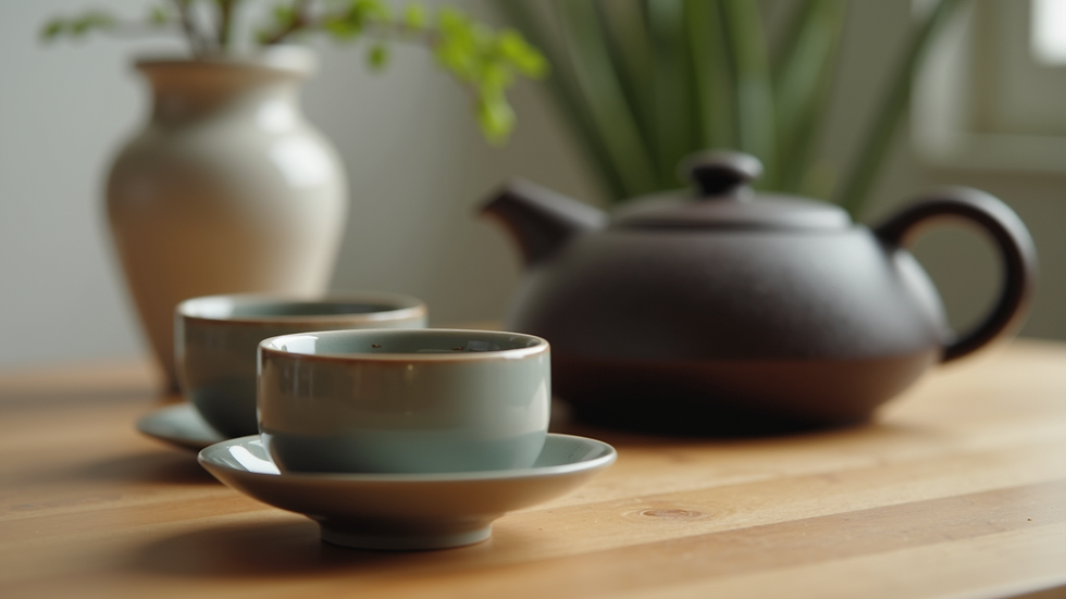 Eye-level view of a minimalist Japanese teapot and Scandinavian-style tea cups