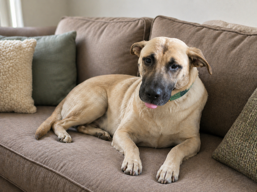 large tan dog relaxing on couch in foster home environment Lucky Paws Rescue