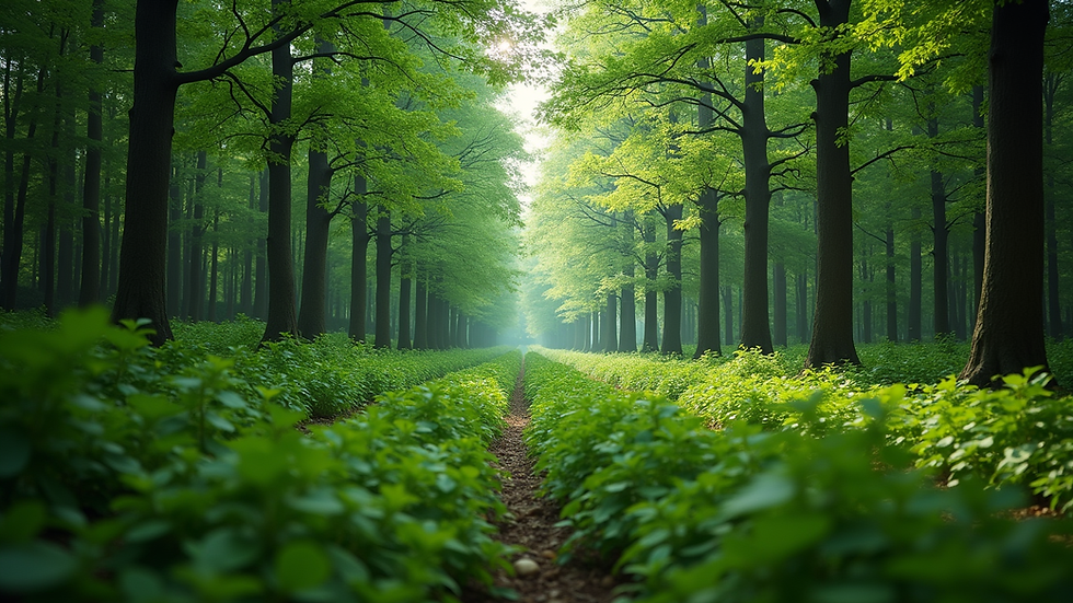 Wide angle view of a lush green forest