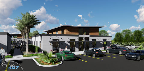 3D rendering of a modern building with parking lot and palm trees under a blue sky.