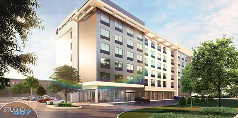 3D rendering of a modern Best Western hotel building with cars and trees.