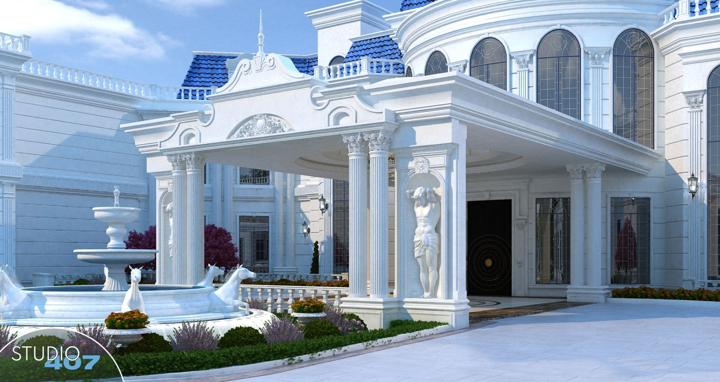Luxurious mansion facade with classical columns, statues, and a fountain.