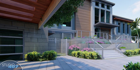 Modern two-story house with wooden accents, landscaping, and a gated entry staircase.