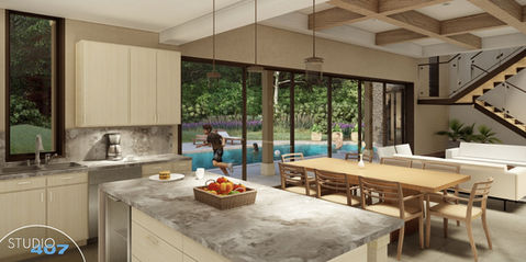 Modern kitchen interior with dining area leading to an outdoor pool.