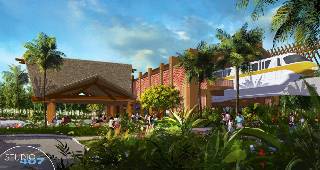 Tropical resort concept art with a monorail, lush gardens, and people walking.