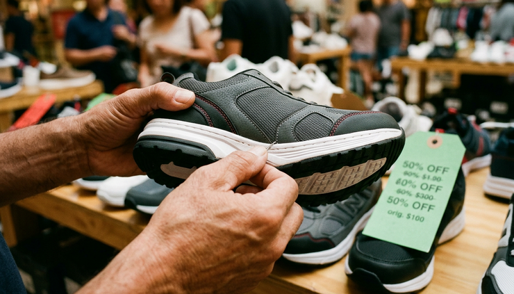 Close-up view of hands checking the stitching and sole of a sneaker at a mall bazaar.