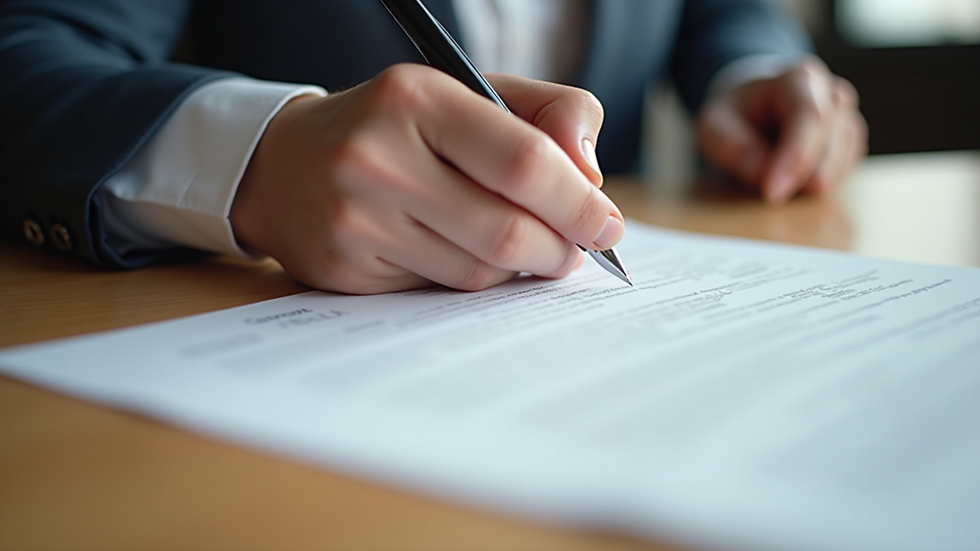 Close-up view of a hand holding a contract and a pen on a wooden table