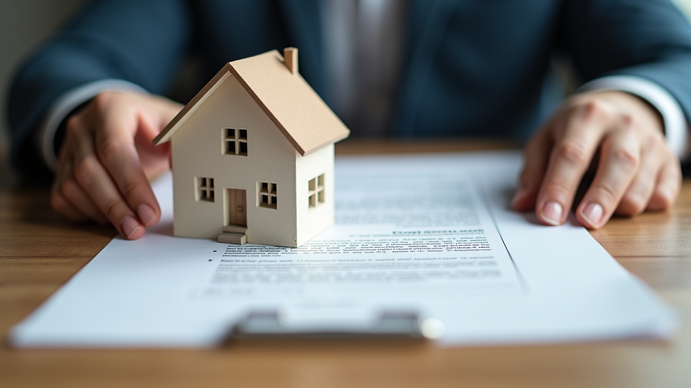 Close-up view of hands holding a house model and contract papers