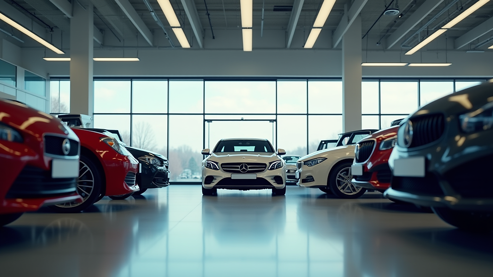 Eye-level view of a car dealership with various models on display