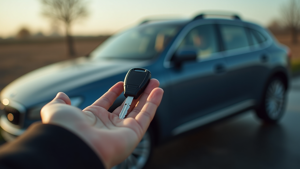 Close-up view of a hand holding a car key with a blurred car in the background