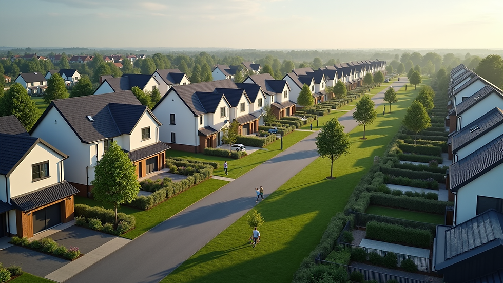 High angle view of a modern residential neighborhood with houses and green areas