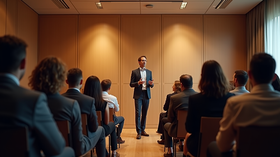 Eye-level view of a speaker addressing an audience in a cozy conference room