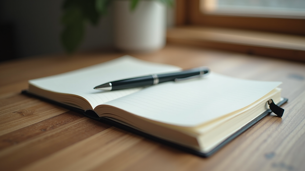 Close-up view of a journal and pen on a wooden desk