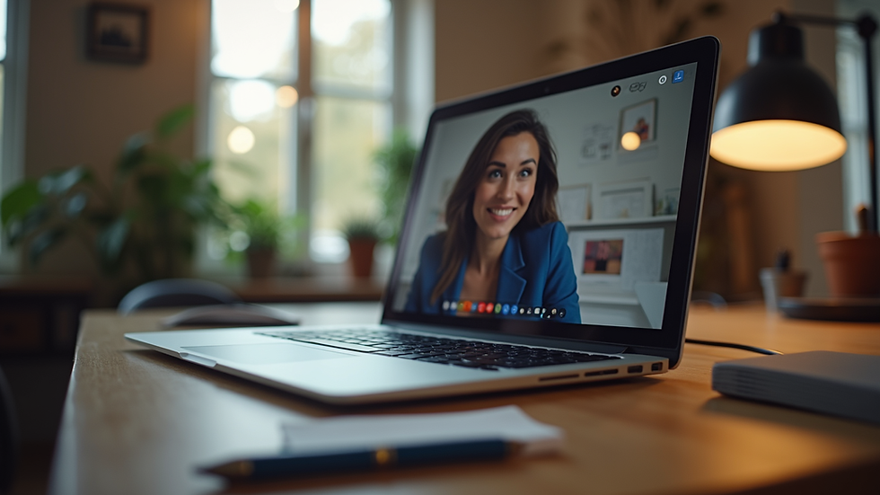 Eye-level view of a laptop on a desk with a video call in progress