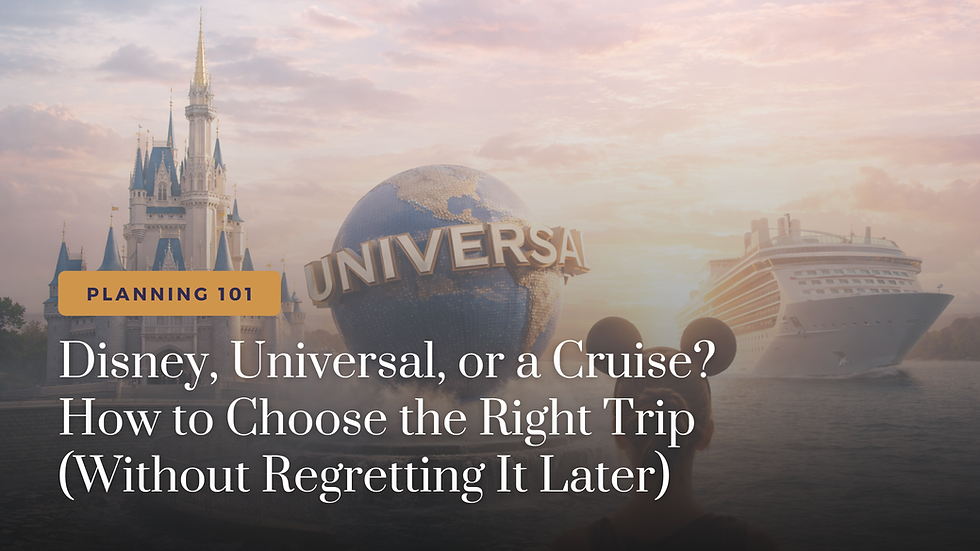 Cinderella's castle, the Universal Studios globe, and a cruise ship with the words "Disney, Universal, or a Cruise? How to Choose the Right Trip (Without Regretting It Later)"
