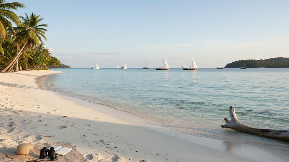 Wide angle view of a secluded white sand beach with turquoise water