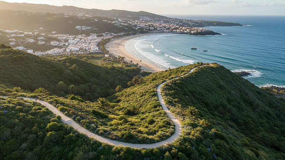 High angle view of a winding hiking trail through lush green volcanic hills