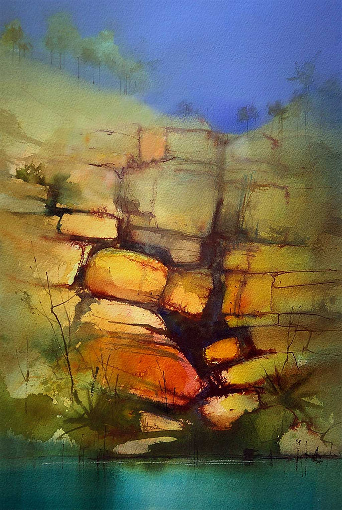 Painting Water - watercolor painting of sandstone cliff © John Lovett