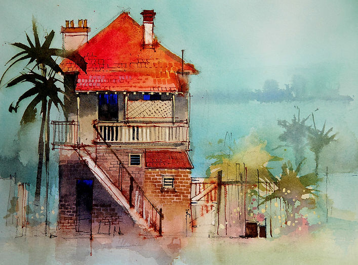 Watercolor of a building showing the use of complementary, saturated colors