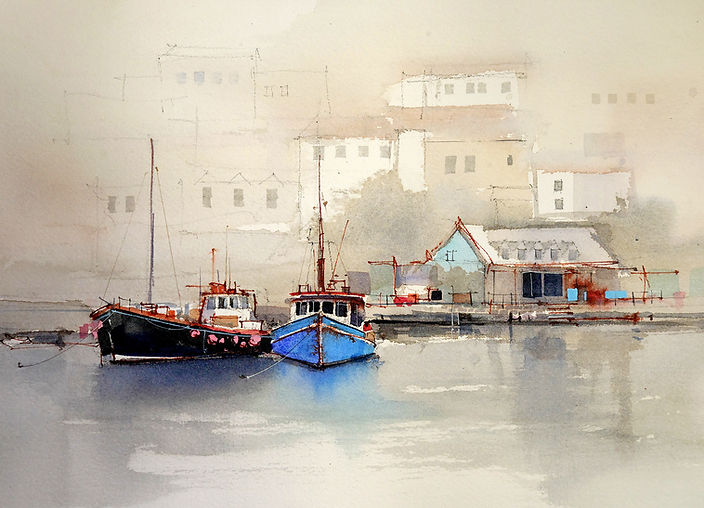 Watercolor painting of boats showing gradation of compound colors