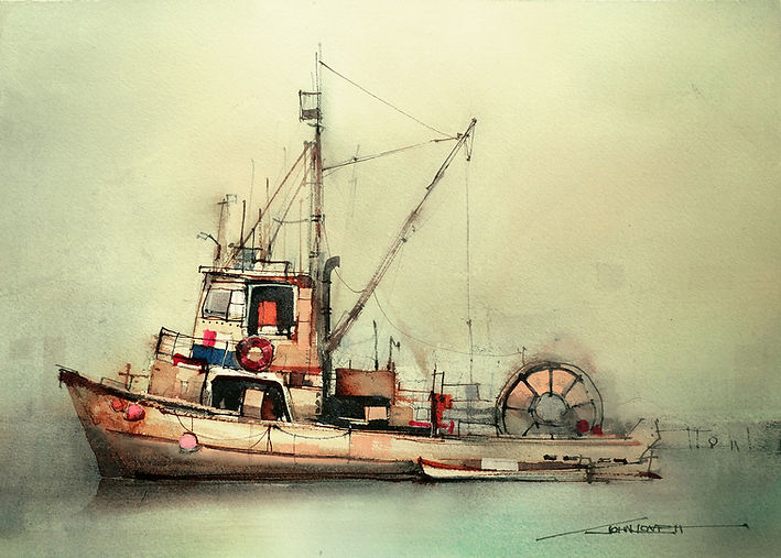 Watercolor painting of a fishing trawler showing tight color harmony