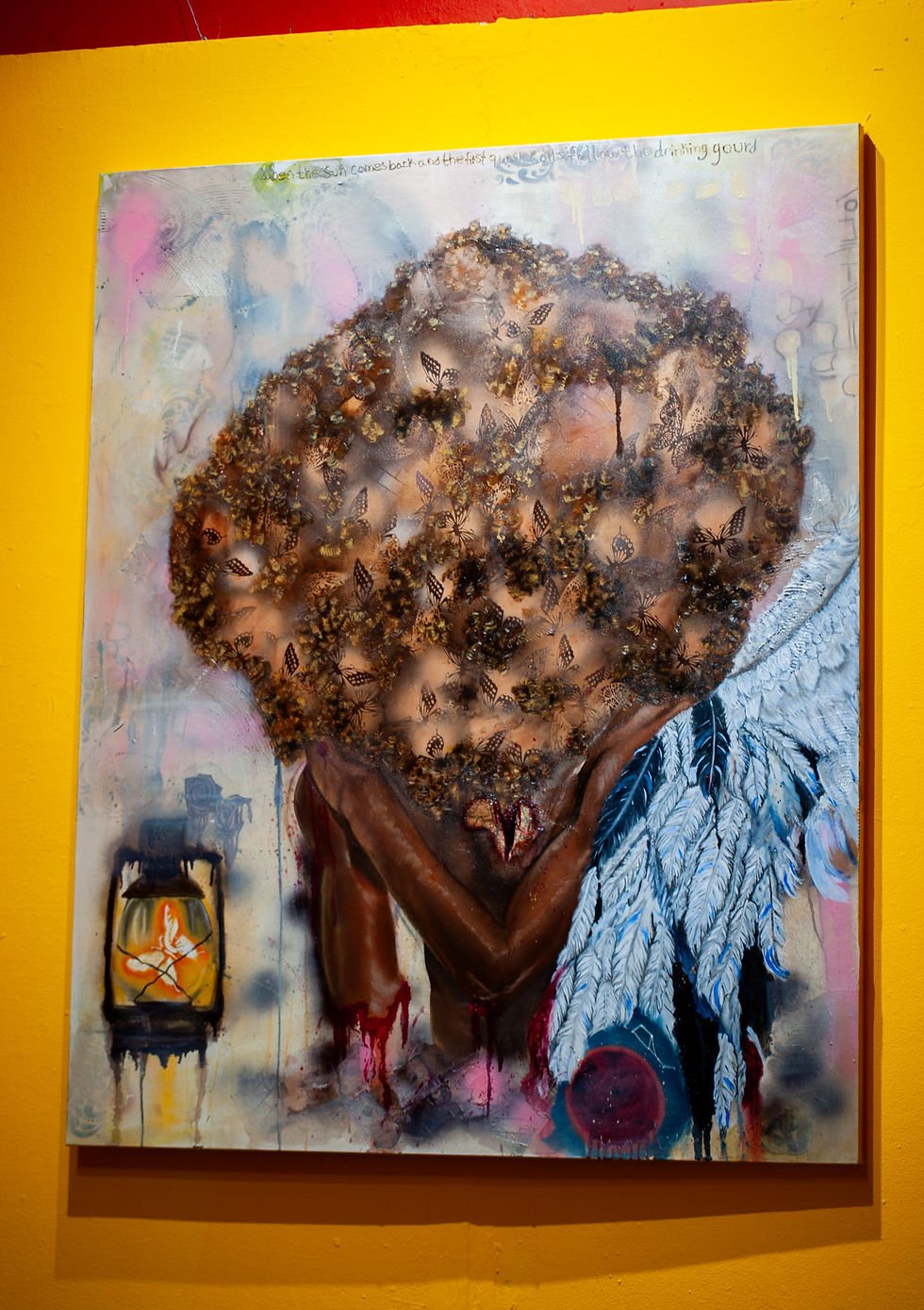 Photograph of Dominique Jordan's "Heavy" in From Here y de Allá: Reflections on Elizabeth Catlett Mora at the Esperanza Peace and Justice Center.