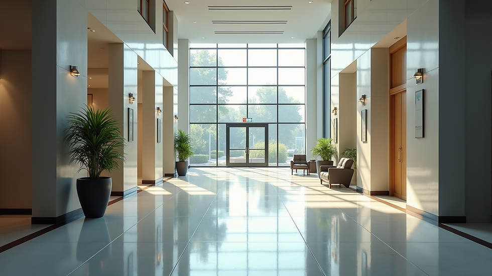 High angle view of a clean and organized commercial building lobby