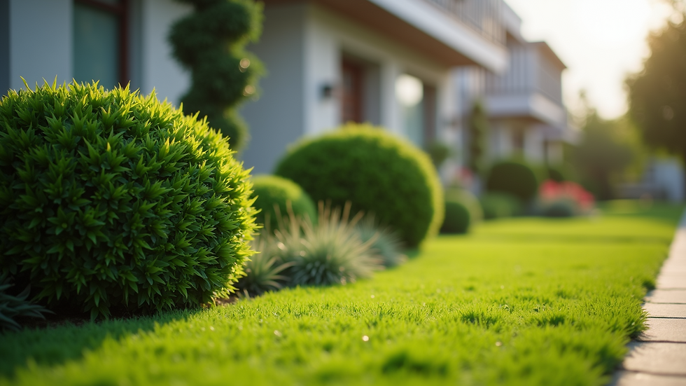 Close-up view of a well-maintained commercial property lawn with trimmed bushes