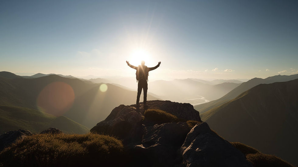 man reaching a mountain summit