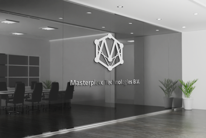 Masterpiece Technologies logo signage on glass office wall