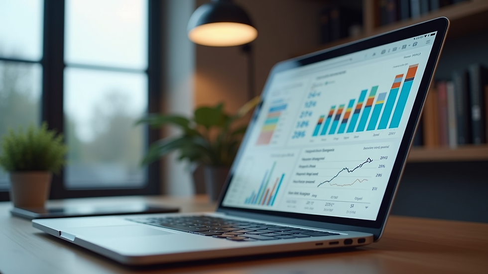 Eye-level view of a modern workspace with a laptop showing digital analytics dashboard
