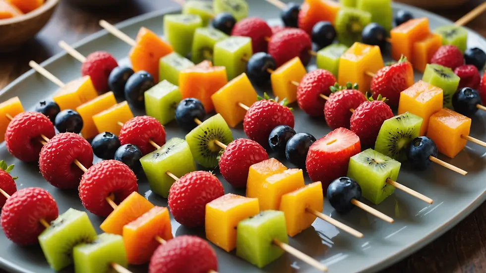 Eye-level view of colorful fruit skewers arranged on a platter