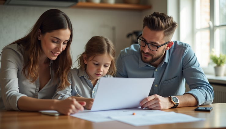 Eye-level view of a family reviewing health insurance documents at a kitchen table