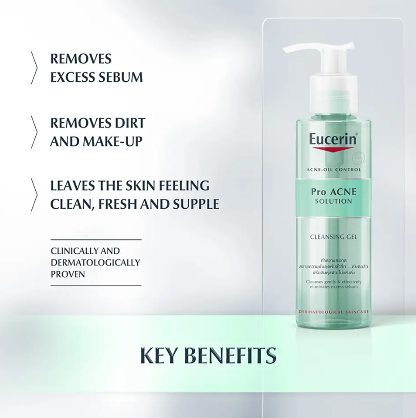 Thumbnail: Eucerin ProAcne Solution Cleansing Gel highlighting key benefits: removes excess sebum, dirt, and makeup.