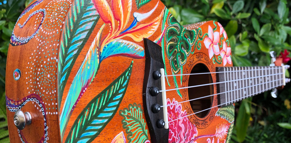 ukulele art, jessica ripp, ripptide art, posca art, oahu, hawaii, tropical, one of a kind, custom ukulele
