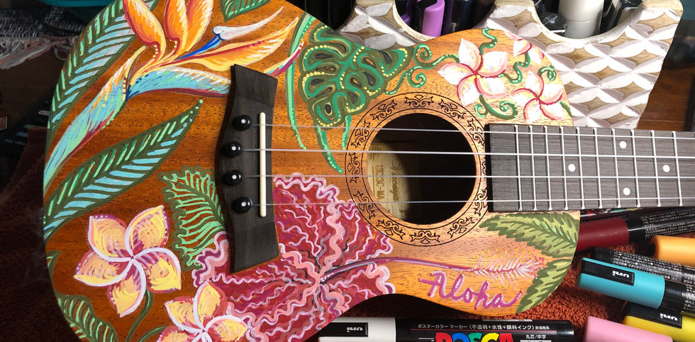 ukulele art, jessica ripp, ripptide art, posca art, oahu, hawaii, tropical, one of a kind, custom ukulele