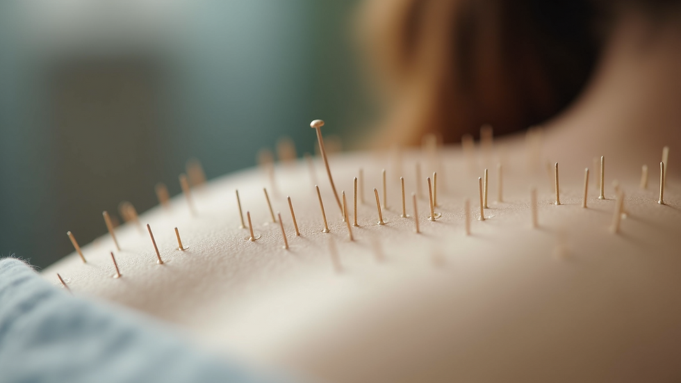 Close-up view of acupuncture needles on a treatment table