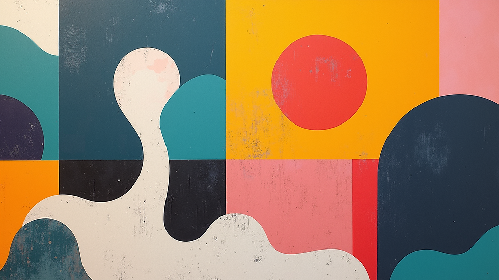 Eye-level view of a vibrant digital collage featuring abstract shapes and colors